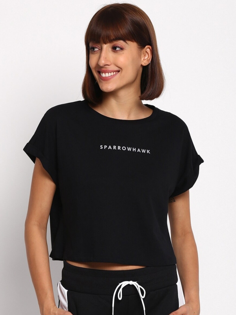

SPARROWHAWK Women Black & White Printed Extended Sleeves Cotton T-shirt