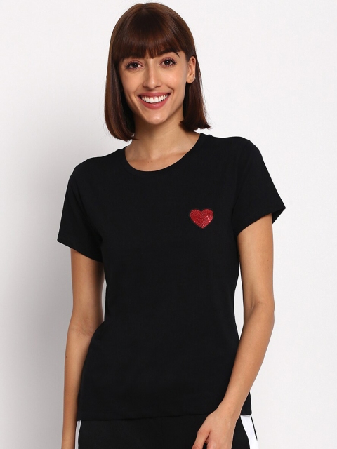

SPARROWHAWK Women Black Applique Cotton T-shirt
