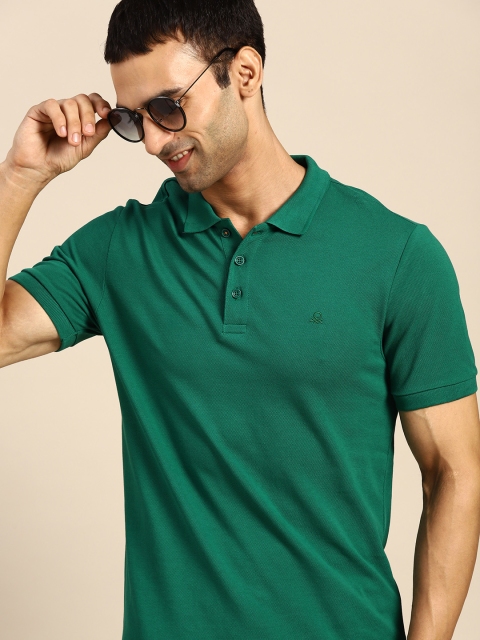 

United Colors of Benetton Men Green Pure Cotton Polo Collar Pure Cotton T-shirt