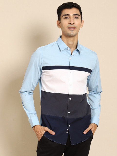 

United Colors of Benetton Men Blue & White Colourblocked Slim Fit Opaque Casual Shirt