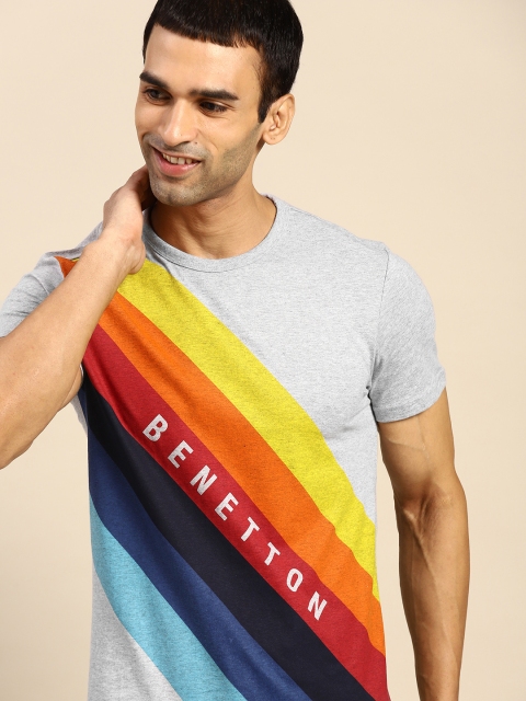 

United Colors of Benetton Men Grey Melange Yellow Pure Cotton Striped Pure Cotton T-shirt