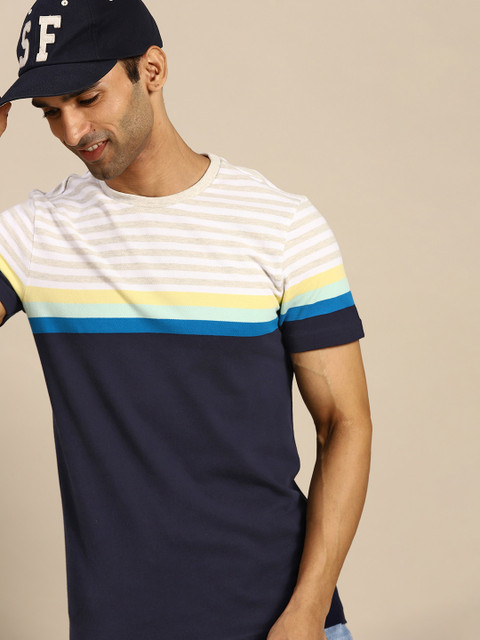 

United Colors of Benetton Men Navy Blue Off White Pure Cotton Striped Pure Cotton T-shirt