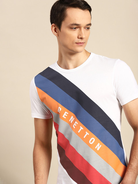 

United Colors of Benetton Men White Blue Brand Logo Striped Pure Cotton T-shirt