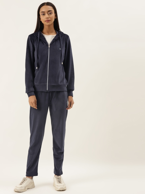 

Okane Women Navy Blue Velvet Finish Solid Tracksuit