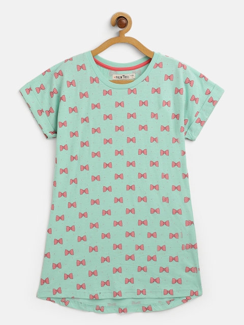 

Palm Tree Girls Green & Pink Bow Print Cotton Round Neck T-shirt