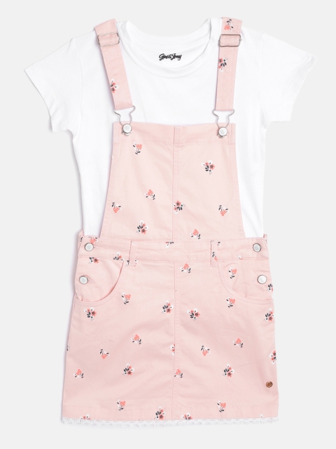 

Gini and Jony Girls Peach-Coloured & White Floral Print Pinafore Dress with T-shirt