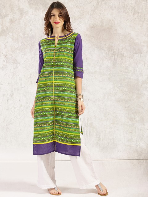 

Anouk Women Green & Purple Printed Straight Kurta