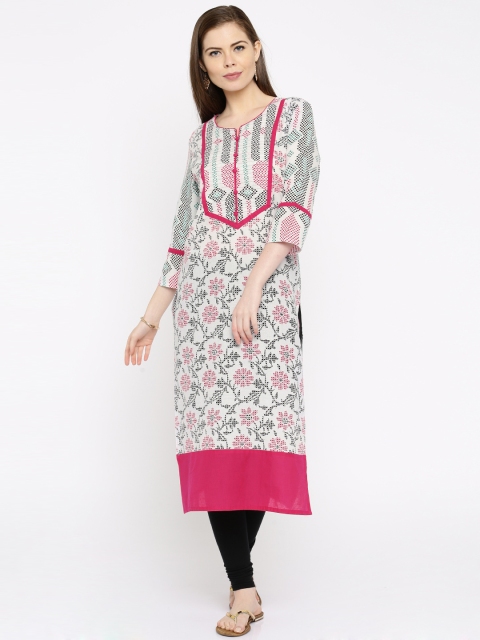 

Anouk Women White & Pink Printed Straight Kurta