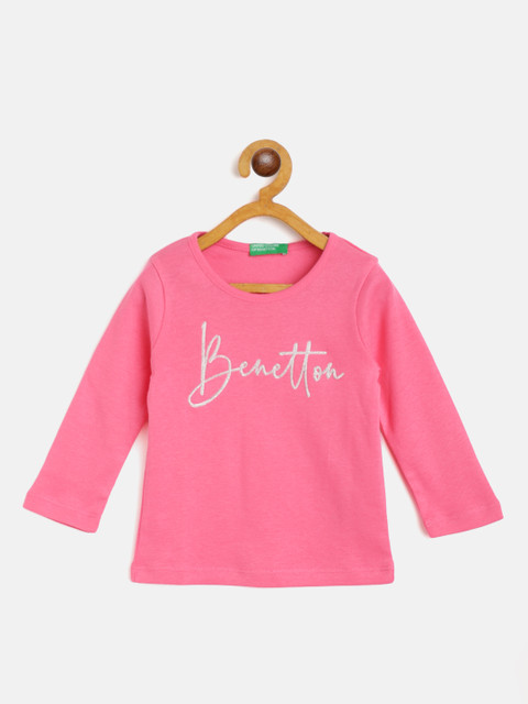 

United Colors of Benetton Girls Pink Silver Brand Logo Print Shimmer Pure Cotton T-shirt