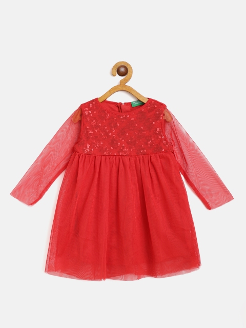 

United Colors of Benetton Girls Red Sequinned Net A-Line Dress
