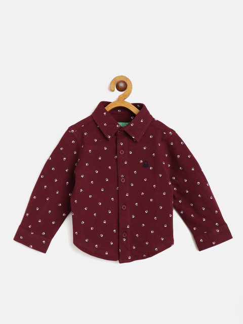 

United Colors of Benetton Boys Maroon & White Ditsy Brand Logo Print Cotton Casual Shirt