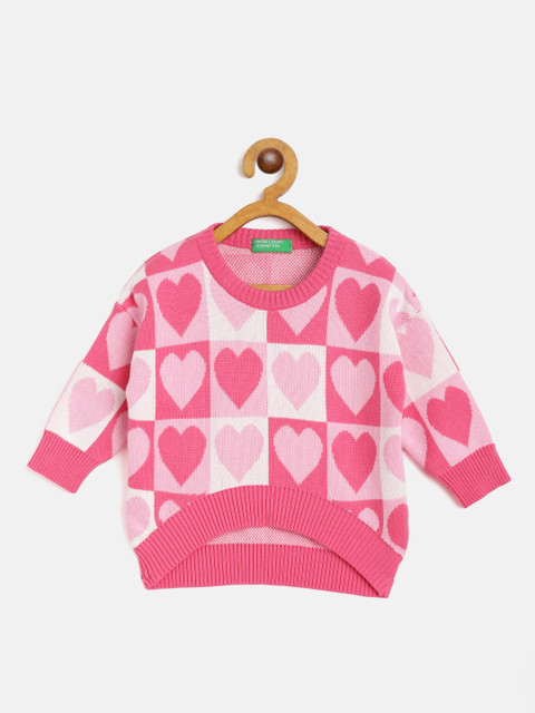 

United Colors of Benetton Girls Pink & White Heart Print Pure Cotton Pullover