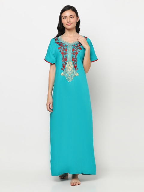 

TRUNDZ Women Turquoise Blue Embroidered Maxi Nightdress