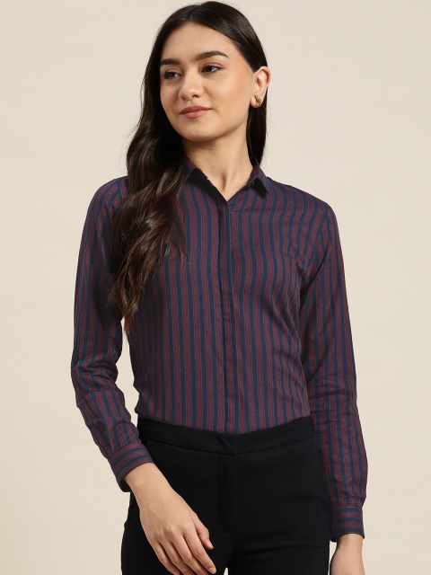 

Hancock Women Navy Blue & Maroon Slim Fit Opaque Striped Formal Shirt