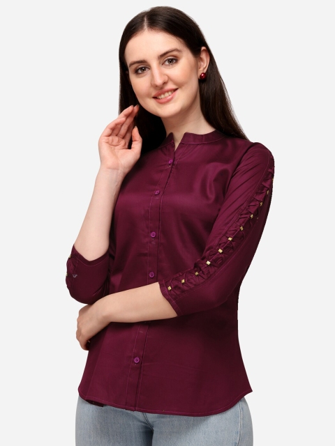 

VENISA Maroon Mandarin Collar Organic Cotton Shirt Style Top