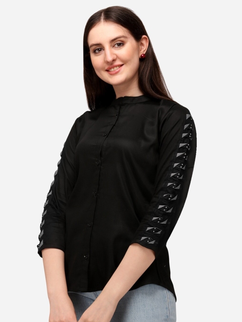 

VENISA Black Mandarin Collar Organic Cotton Shirt Style Top