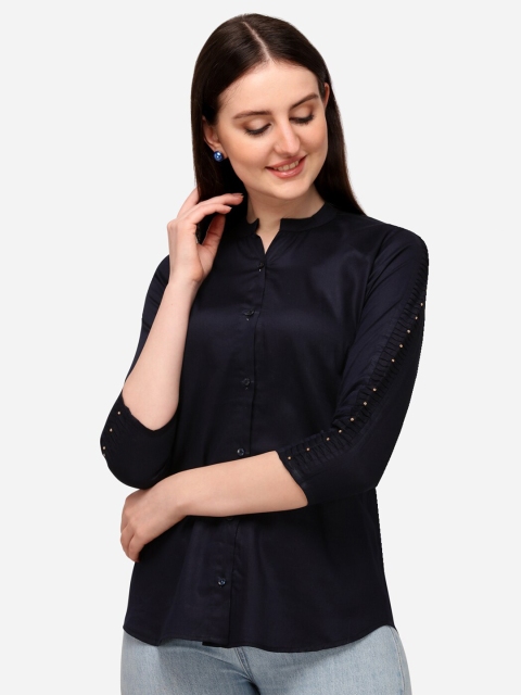 

VENISA Women Navy Blue Mandarin Collar Organic Cotton Shirt Style Top