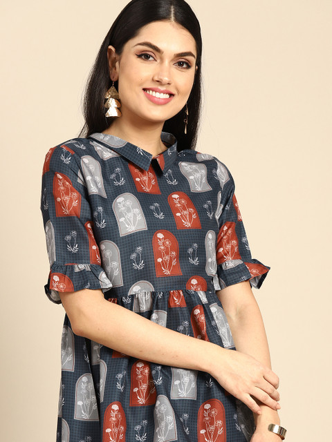 

Anouk Navy Blue & Grey Floral Printed A-Line Top