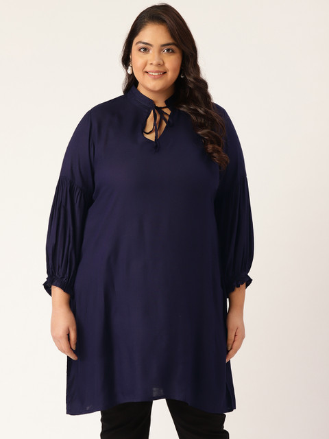 

Revolution Navy Blue Viscose Rayon Mandarin Collar Tunic