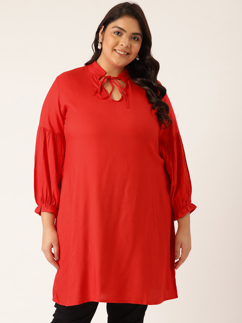 

Revolution Red Solid High Neck Tunic with Tie-up