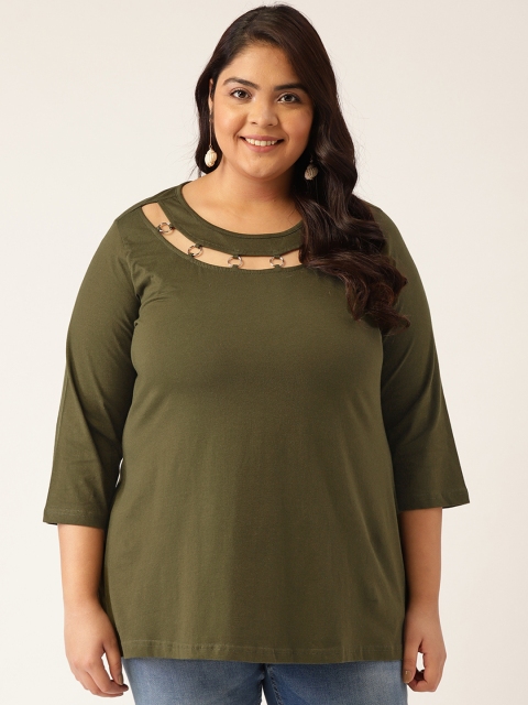 

Revolution Women Olive Green Cut Outs Pure Cotton T-shirt