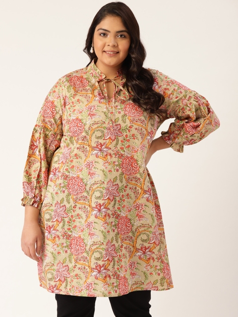 

Revolution Beige Mandarin Collar Pure Cotton Printed Tunic