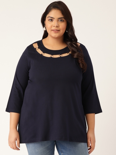 

Revolution Women Navy Blue Solid Pure Cotton T-shirt