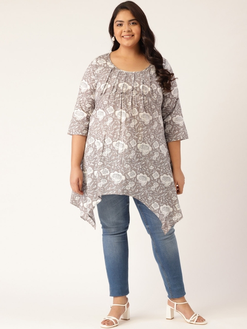 

Revolution Grey & White Floral Printed Pleated Regular Top