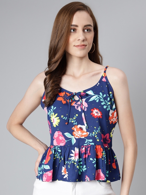 

Provogue Blue & Pink Floral Print Tie-Up Neck Peplum Top