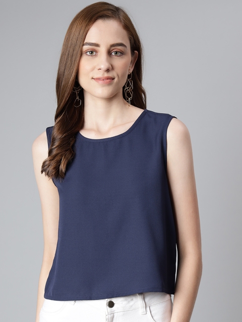 

Provogue Navy Blue Solid Regular Top