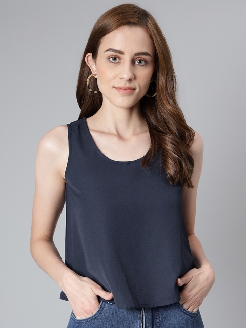 

Provogue Navy Blue Solid Regular Top