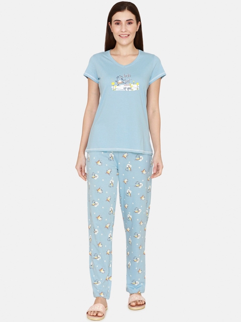 

Zivame Women Blue & White Graphic Printed Night suit