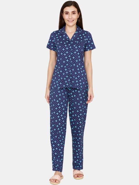 

Zivame Women Blue & Navy Blue Printed Night suit