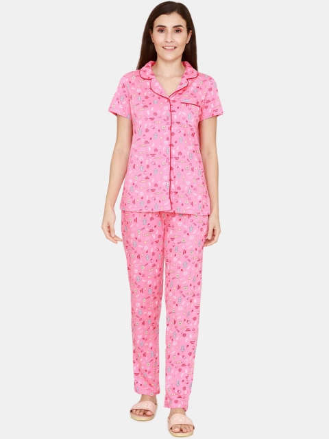 

Zivame Women Pink & Red Cotton Printed Night suit