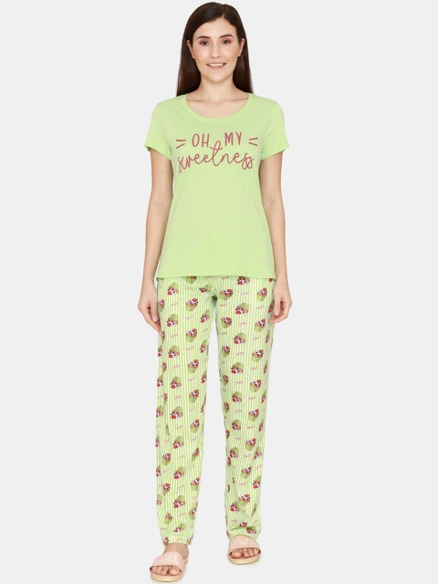 

Zivame Women Green & Red Cotton Printed Night suit