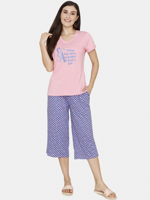

Zivame Women Blue & Peach-Coloured Printed Night suit
