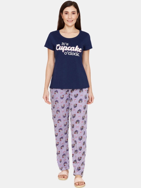 

Zivame Women Blue & Purple Printed Night suit