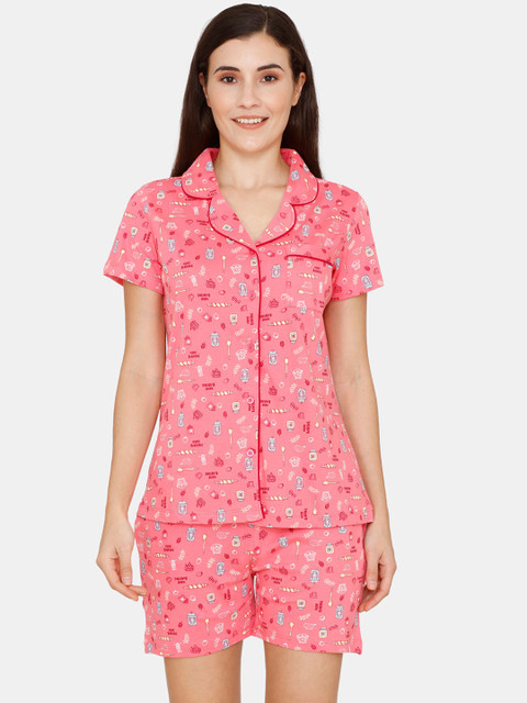 

Zivame Women Pink & Red Cotton Printed Night suit
