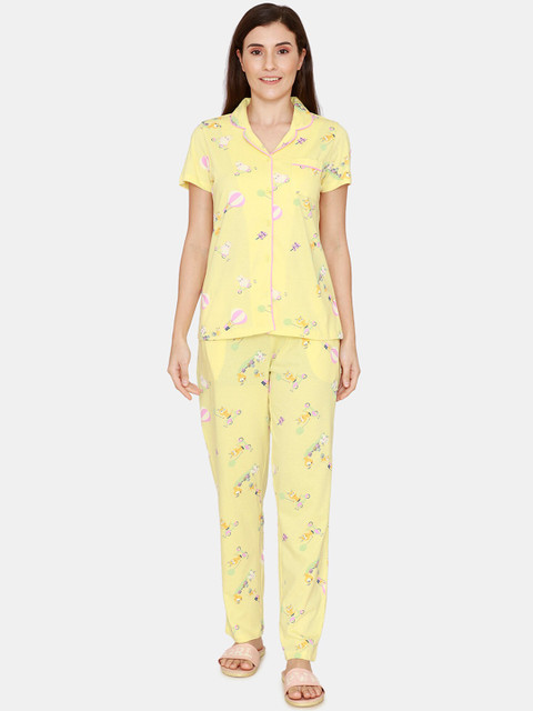 

Zivame Women Yellow & Pink Printed Night suit