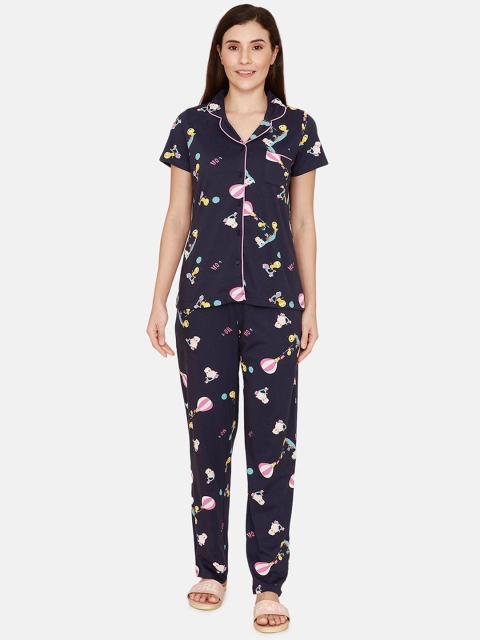 

Zivame Women Black & Pink Printed Night suit
