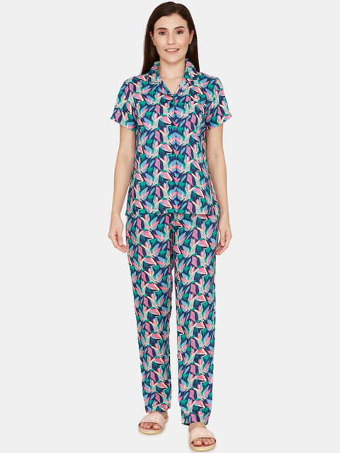 

Zivame Women Blue & Pink Printed Night suit