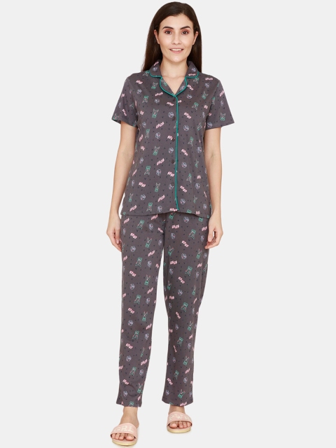 

Zivame Women Grey & Pink Pure Cotton Printed Night suit