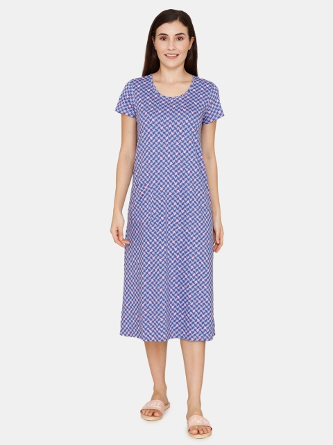 

Zivame Women Blue & Pink Printed Pure Cotton Midi Night Dress