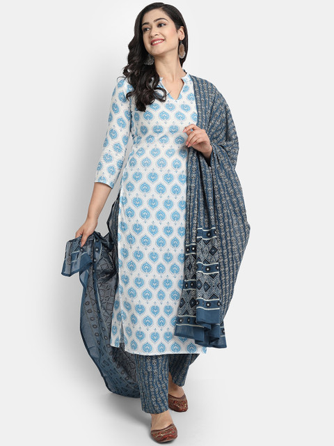 

JAIPURI BUNAAI Women Blue & White Ethnic Motifs Printed Kurta with Trousers & Dupatta