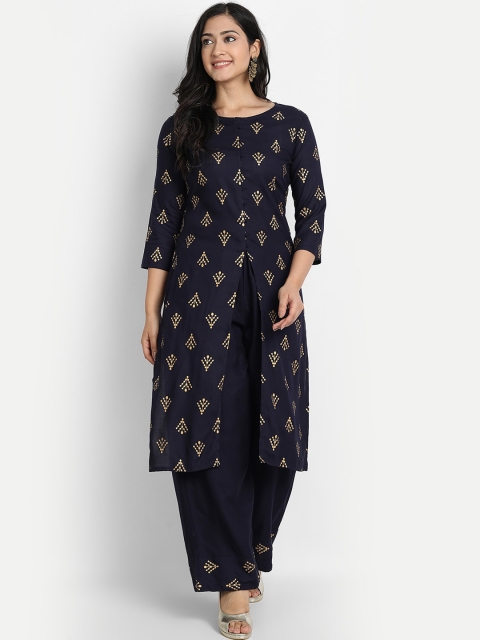 

JAIPURI BUNAAI Women Navy Blue & Gold-Toned Ethnic Motifs Embroidered Kurta with Palazzos