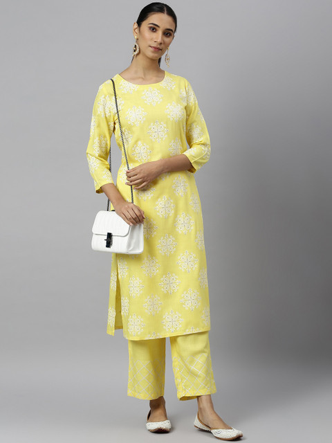 

Khushal K Women Yellow & White Printed Regular Kurta with Trousers