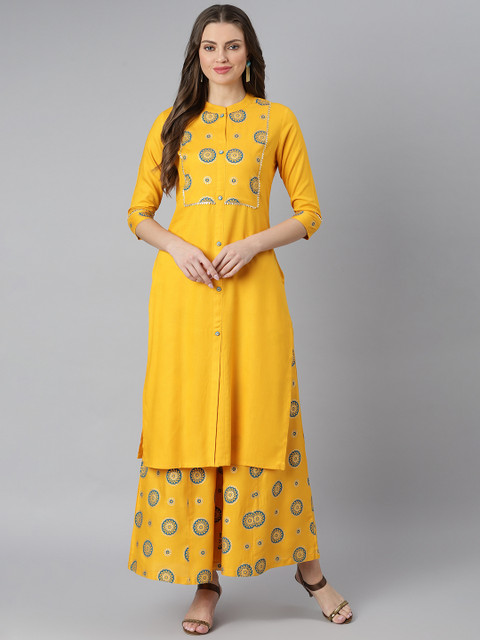 

Khushal K Women Mustard Yellow Ethnic Motifs Yoke Design Regular Gotta Patti Kurta with Palazzos