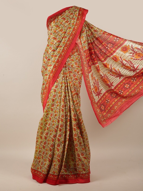 

Pothys Cream-Coloured & Orange Floral Motifs Printed Saree