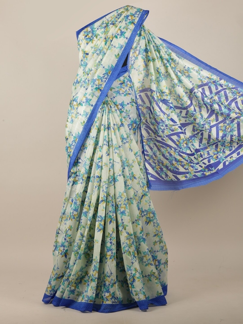 

Pothys Cream-Coloured & Blue Floral Motifs Printed Saree