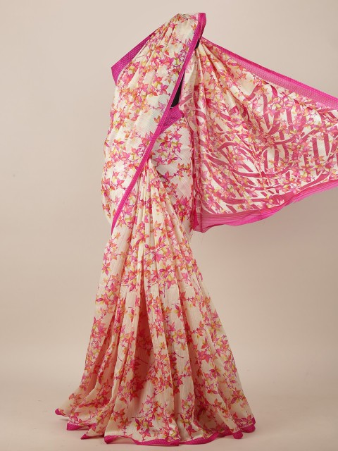 

Pothys Cream-Coloured & Pink Floral Motifs Printed Saree